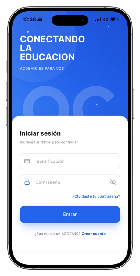 Pantalla de inicio de sesión de ACDEMIC en un teléfono
